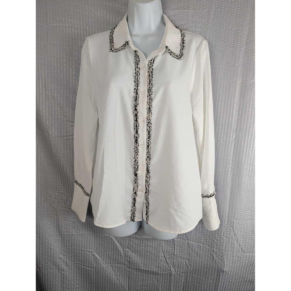 Adrianna Papell Womens Ivory Tweed Trim Button-Up Blouse L/XL Ivory Black Top